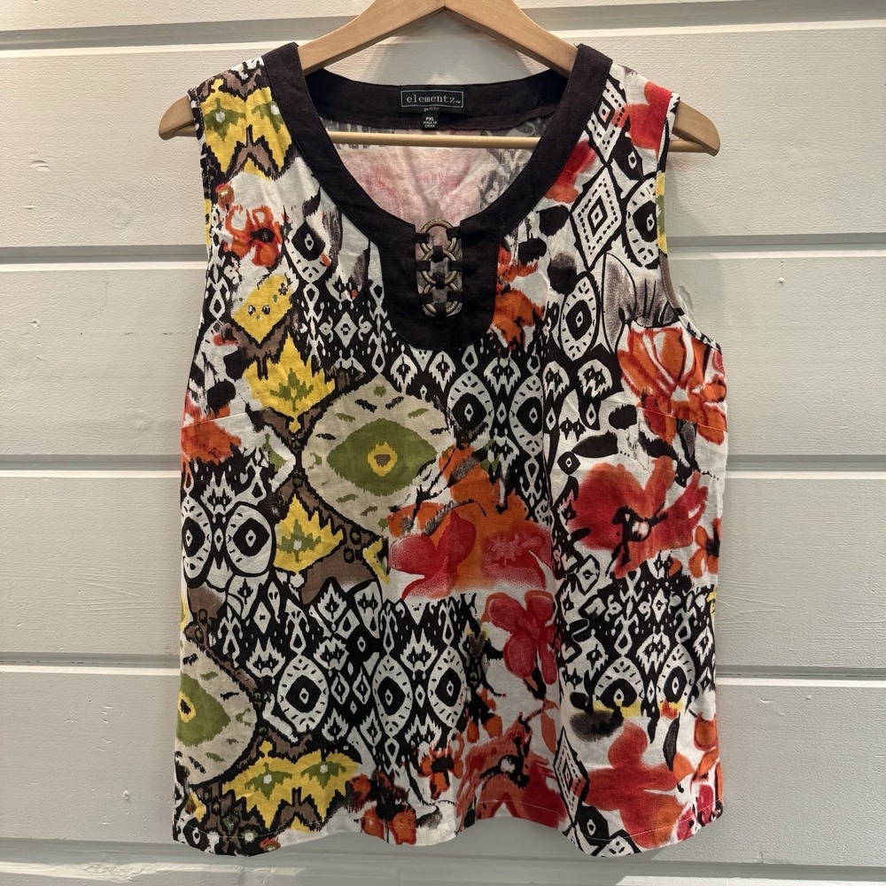 Linen blend Women's Sleeveless Top Petite XL, ikat-style geometric print, floral